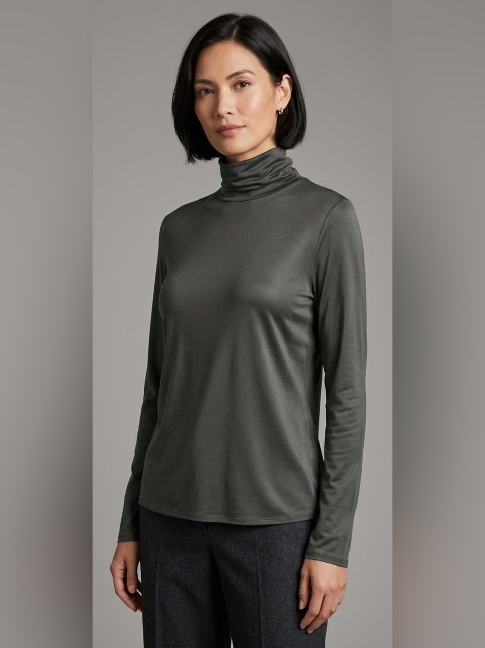 Eileen Fisher Stretch Silk Jersey Turtleneck Top Charcoal Gray lagenlook